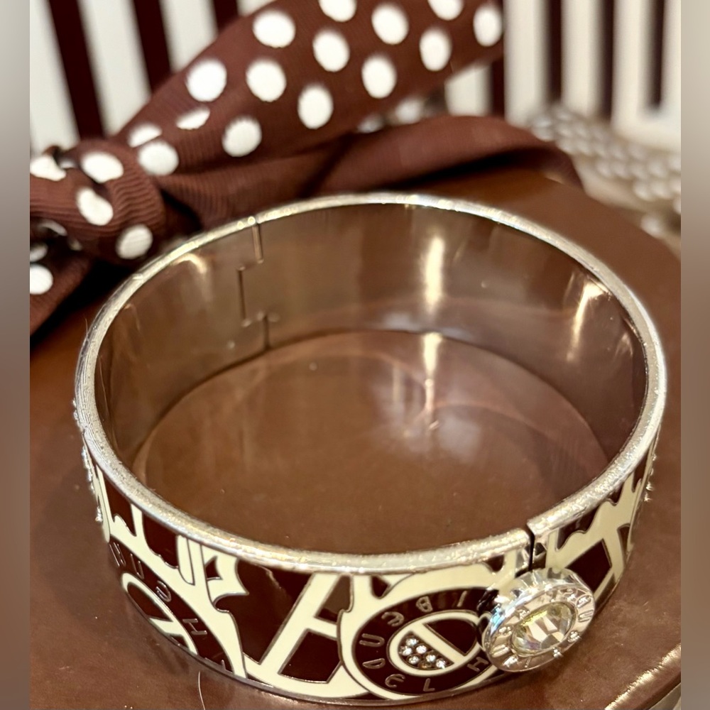 HENRI BENDEL Cream and Brown Enamel Logo Bangle Cuff w/Gold Accents & Crystals - Picture 14 of 16